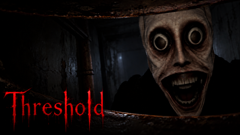 The pale, wide-eyed entity from the official THRESHOLD cover art, grinning through a rusted opening